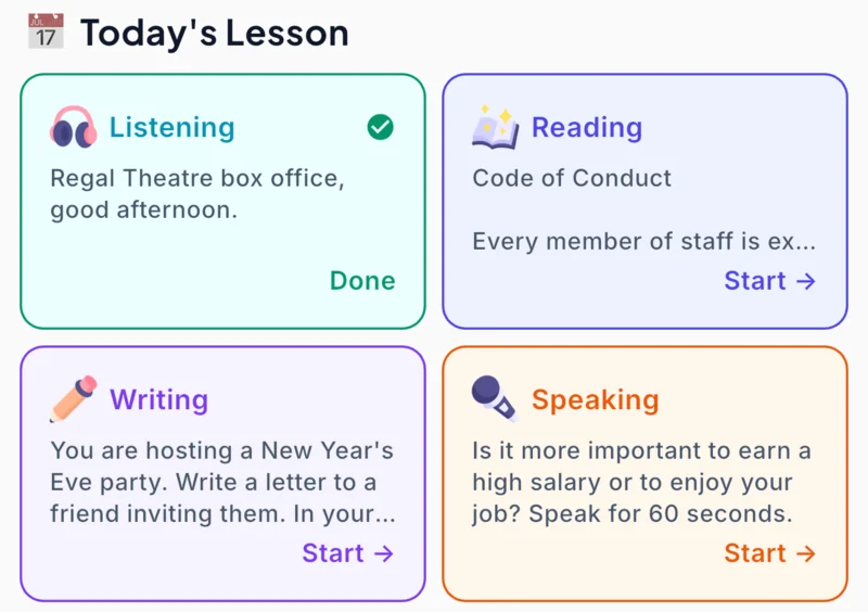 Today's Lesson cards for four skills in the app